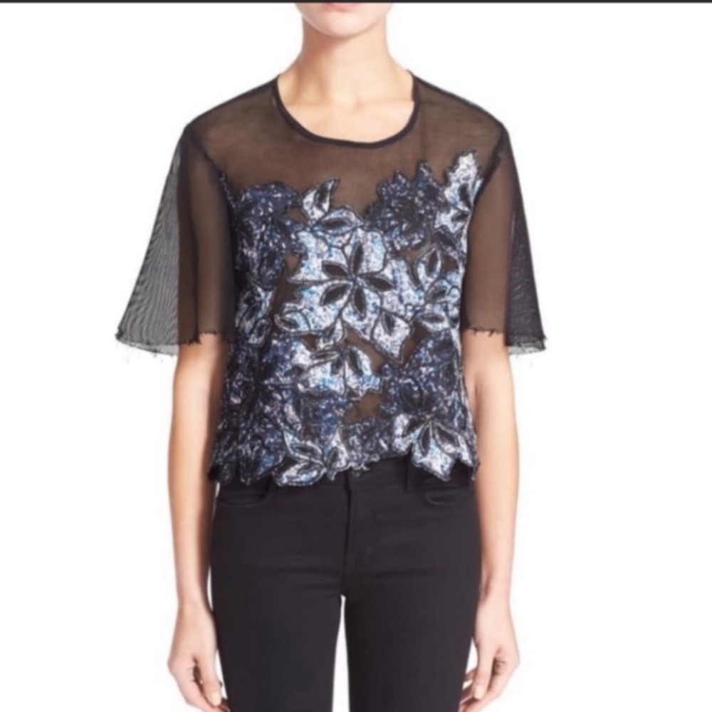 Rebecca Taylor Floral Appliqué Mesh Blouse